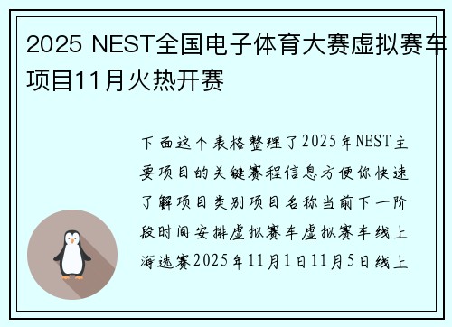 2025 NEST全国电子体育大赛虚拟赛车项目11月火热开赛